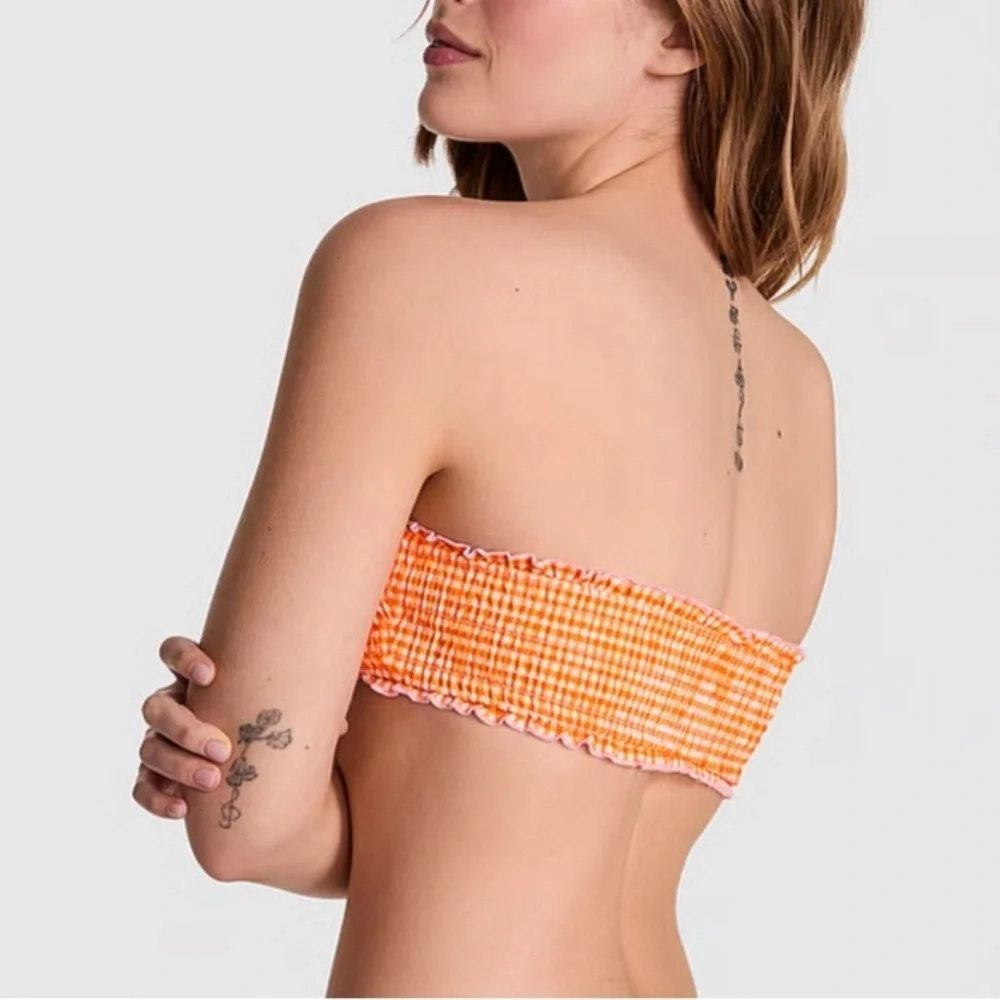 New! Frankie's Bikinis Iris Orange White Gingham Bandeau bikini Top 1575